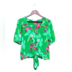 Rose + Olive Women’s Green Tropical Floral Tie Front Rayon Blouse Small Vacation